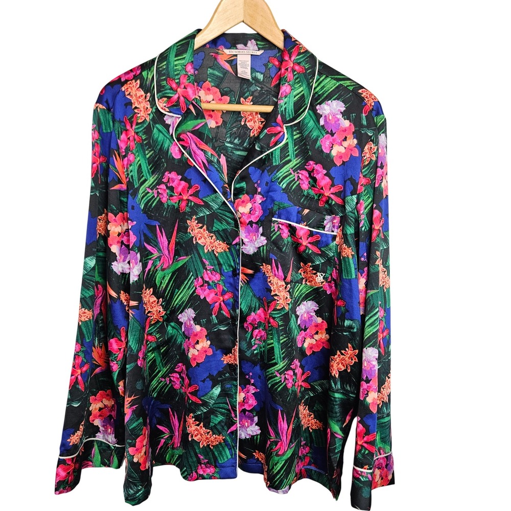 Victoria's Secret Tropical Floral Satin Pajama Top Long Sleeve Button‎ Up Large